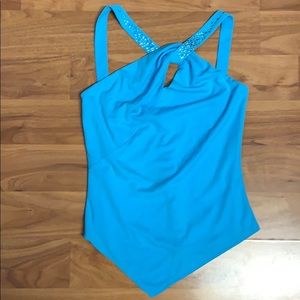 NWOT Caché Ice Blue Top with Rhinestone Straps